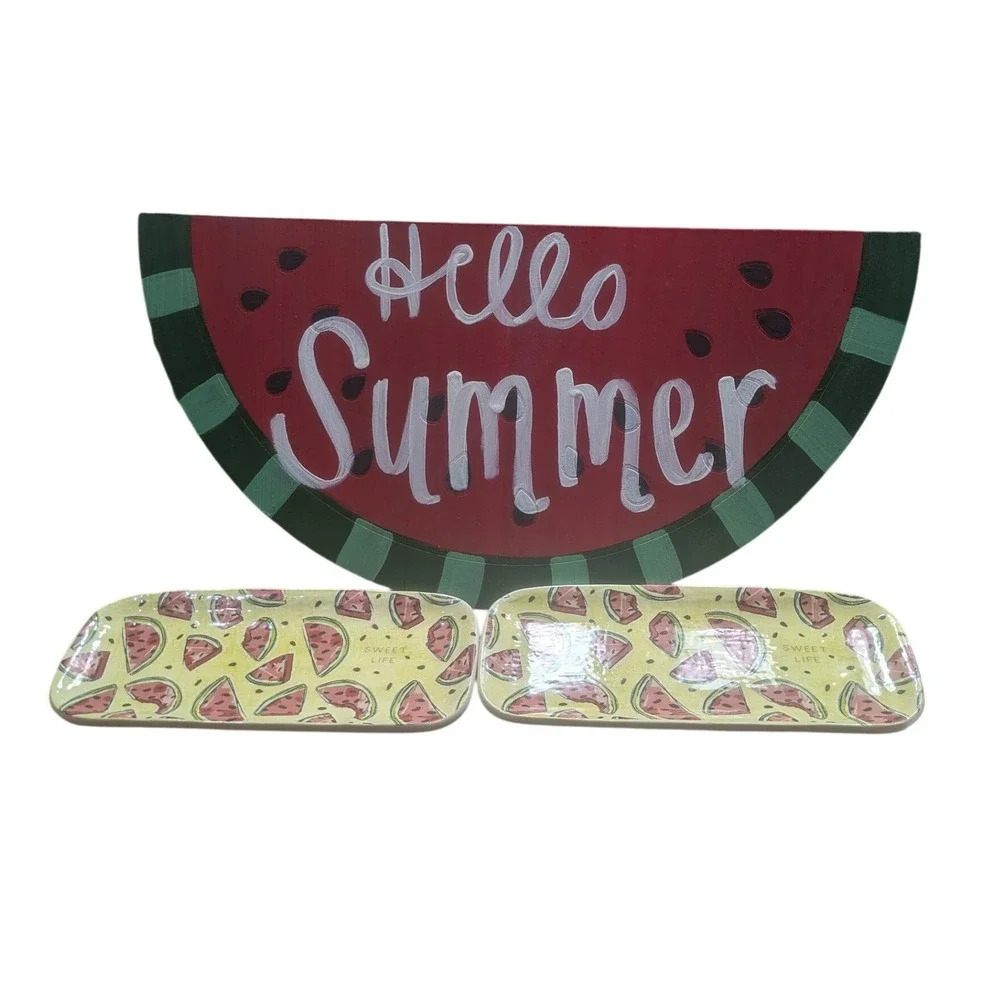 Mud Pie Hello Summer Watermelon Wood Sign & 2 Sweet Life Ceramic Platters